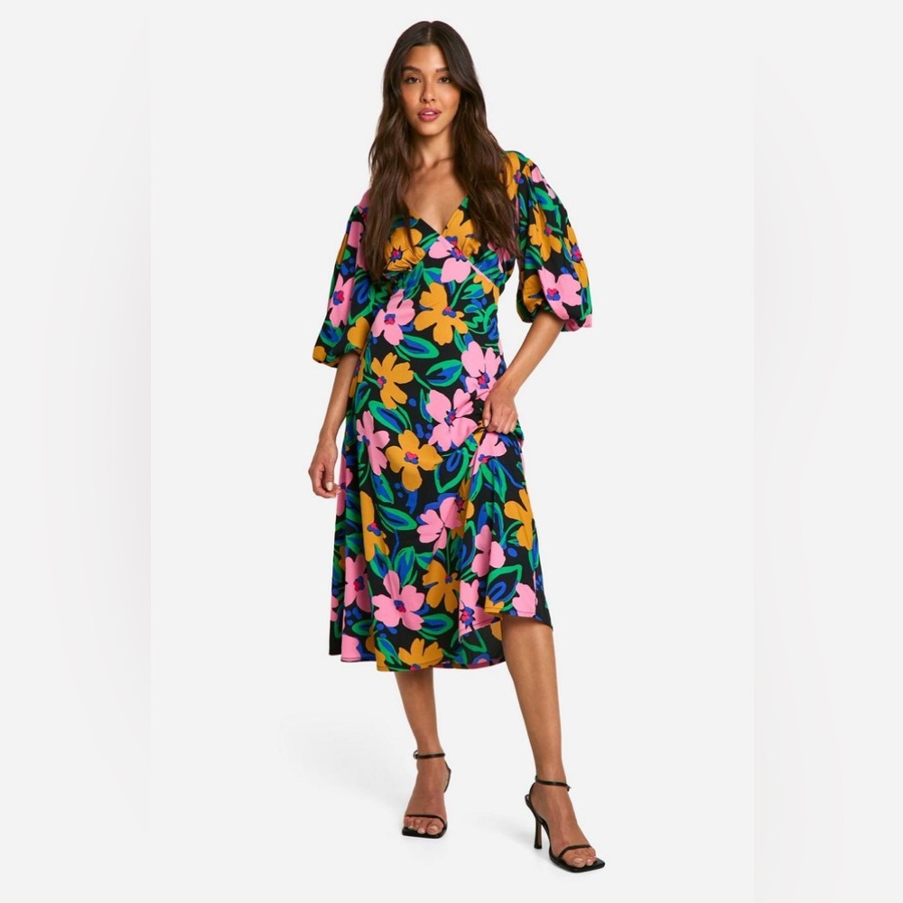 Boohoo Floral Puff Sleeve Tie Back Midi Dress